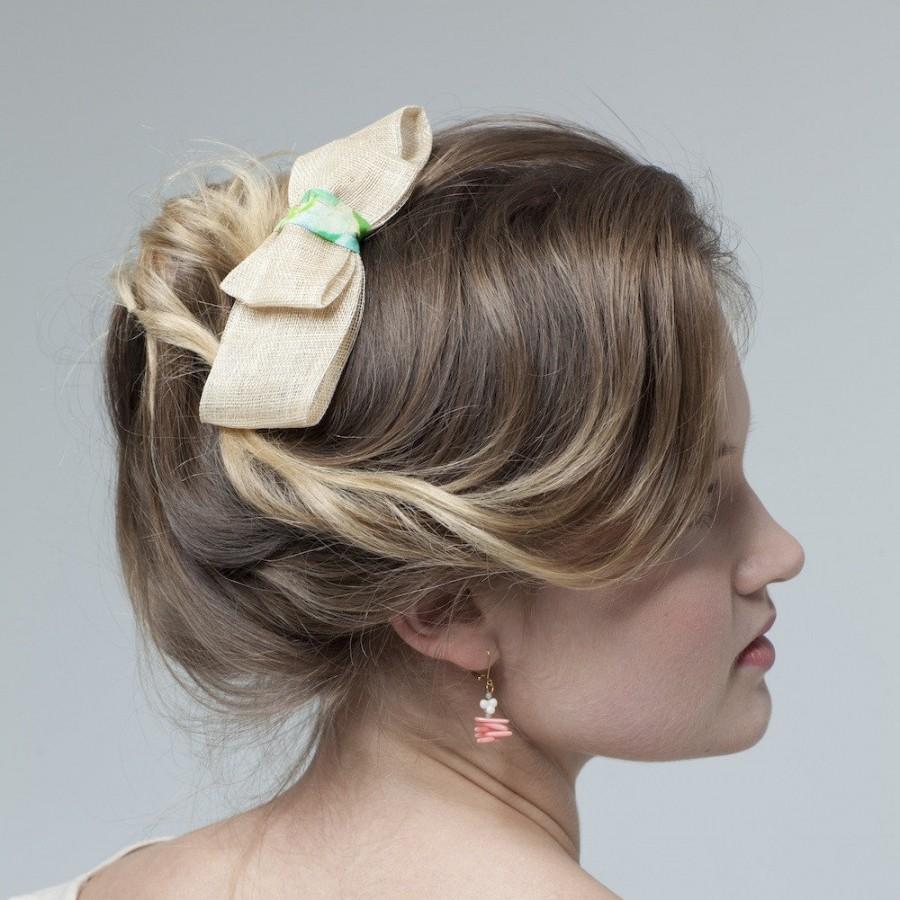 Wedding - Sinamay Bow clip - 'Riverina' clip in natural with La Mer watercolour detail
