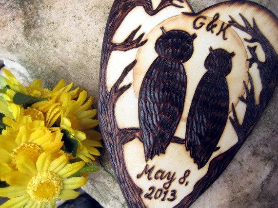 Wedding - Owl wedding cake topper -Owls, Branches and the Moon Silhouette wood burning-Personalizable