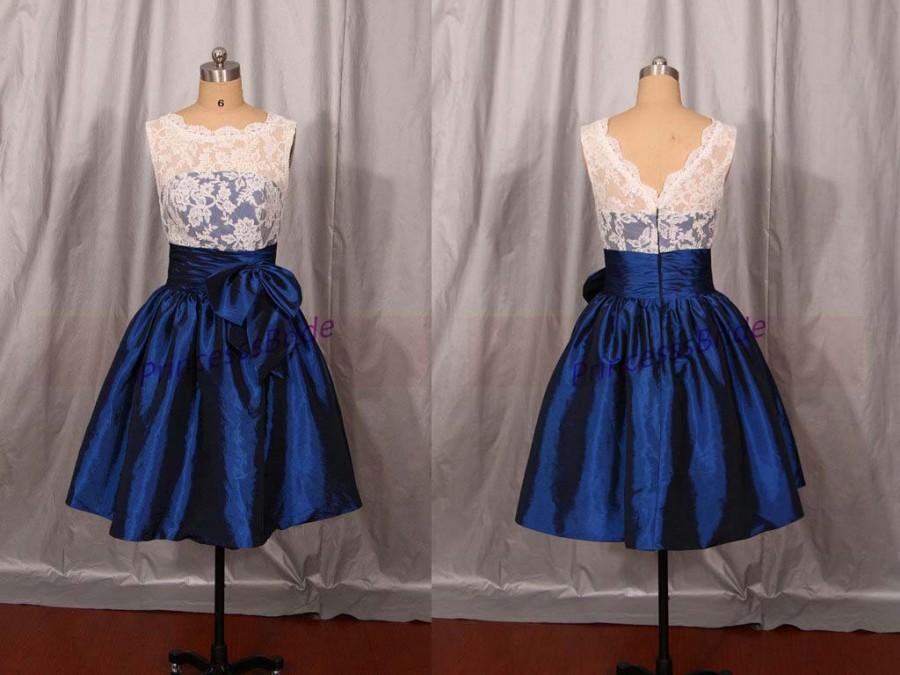 زفاف - 2016 short ivory lace and navy blue taffeta bridesmaid dresses,cheap cute maid of honor gowns with bow,chic dress for wedding party hot.