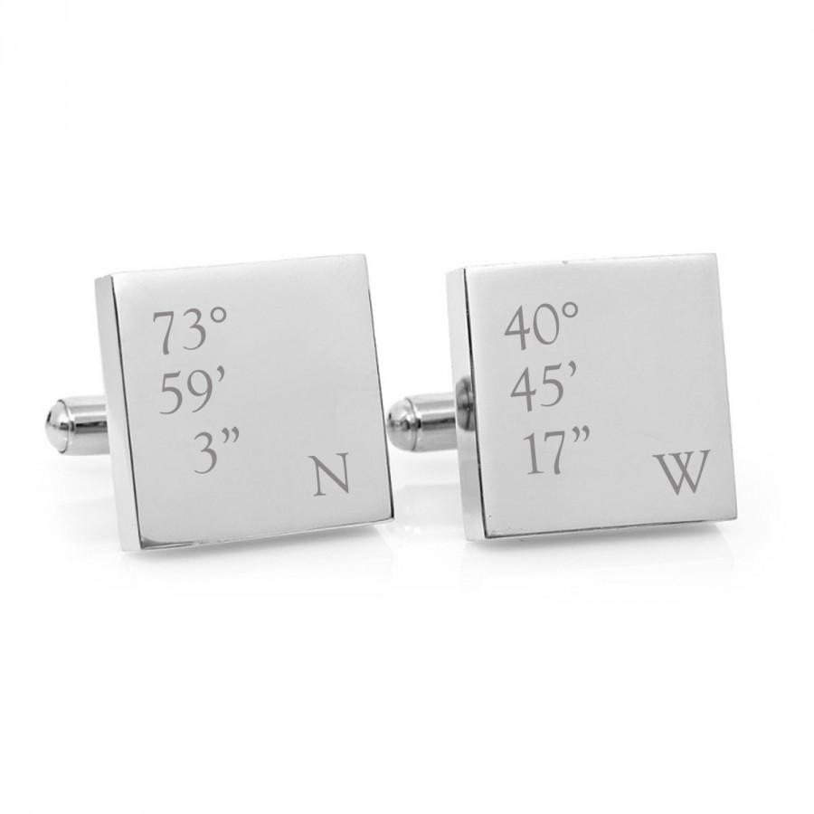 Свадьба - Co-ordinates - Engraved personalized square silver cufflinks - Groom gift (stainless steel personalised cufflinks)