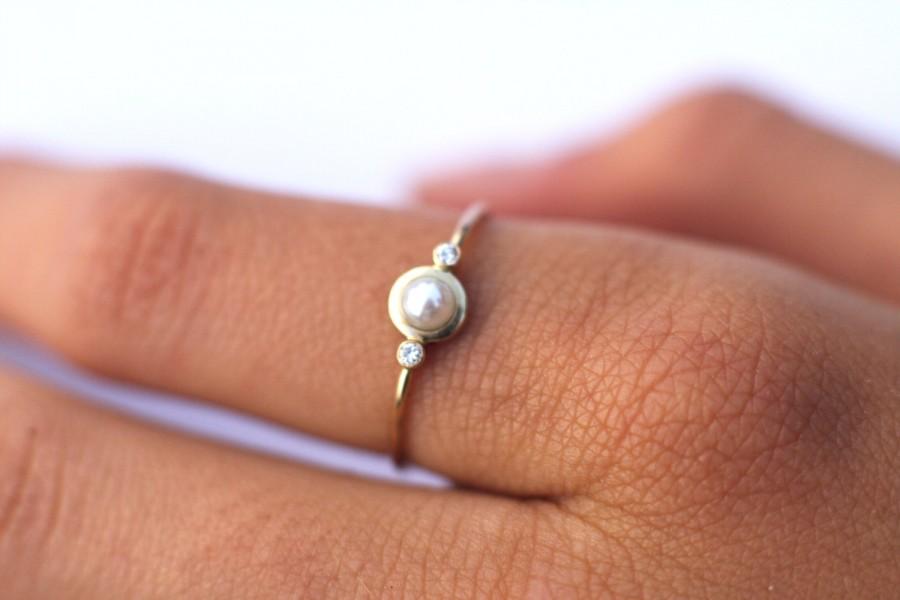 Hochzeit - Pearl diamond ring, pearl engagement ring,  white pearl ring, three stone ring, solid 14k gold ring,  triplet, unique engagement  ring