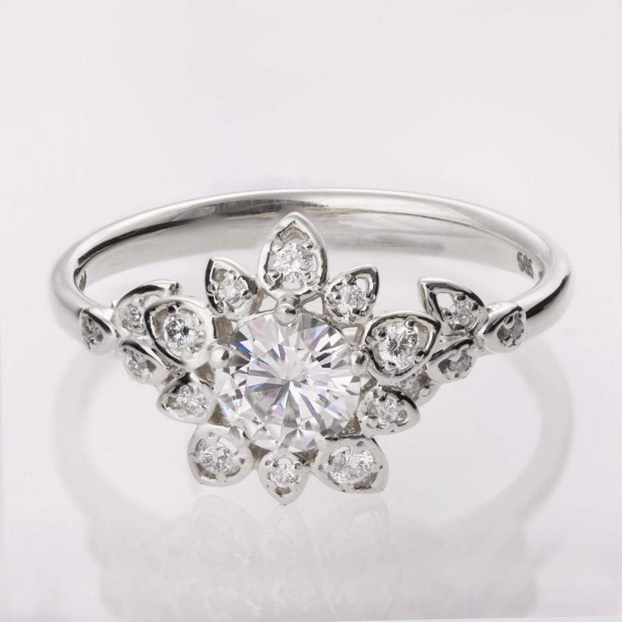 Wedding - Diamond Art Deco Petal Engagement Ring No.2B - 14K White Gold and Diamond engagement ring, leaf ring, flower ring, antique,vintage,halo ring