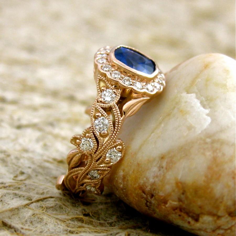 زفاف - Blue Sapphire Engagement Ring in 14K Rose Gold with Diamonds in a Vintage Style Flower and Leaf on Vine Setting Size 6