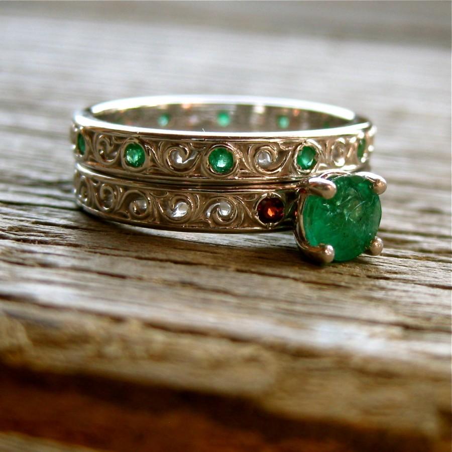 زفاف - Emerald & Garnet Engagement Ring and Wedding Band in 14K White Gold with Scrolls Size 8
