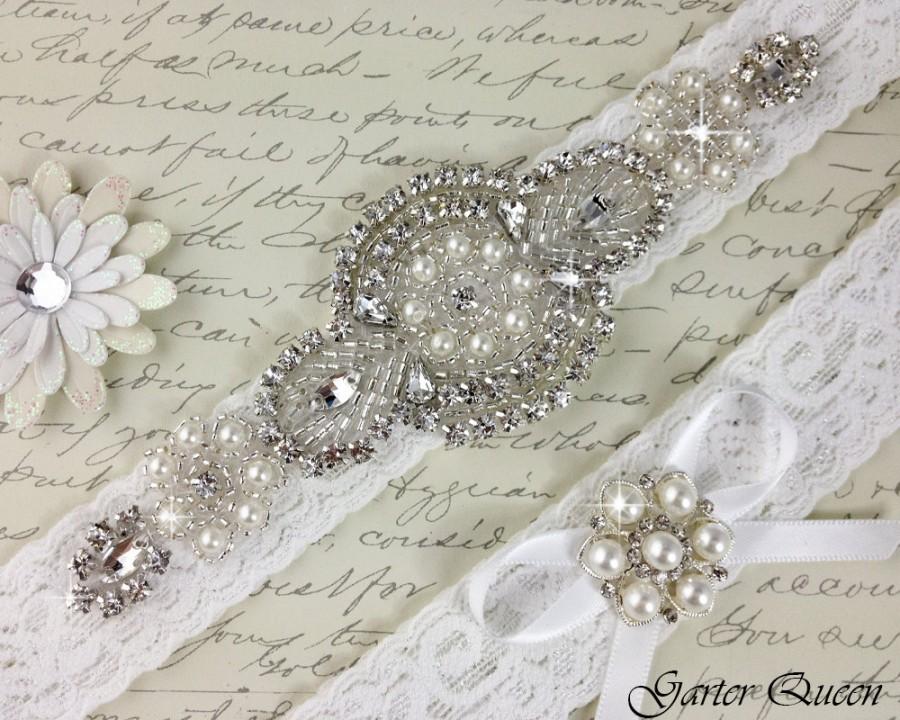 Mariage - Wedding garter set, Bridal Garter set, Off White Stretch Lace Bridal Garter, Rhinestone and Crystal Garter, Rhinestone Garter