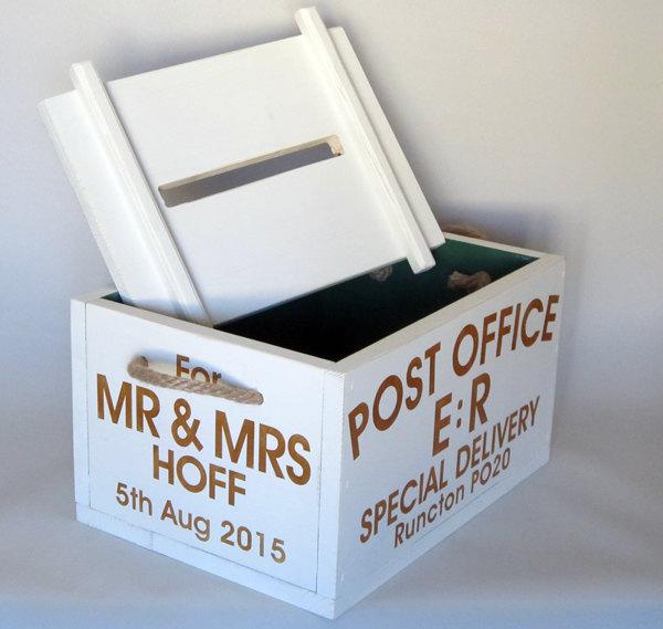 Wedding - Solid wood personalised wedding, anniversary, christening Post Box with lid for cards and gifts, white or red post box for weddings, shabby