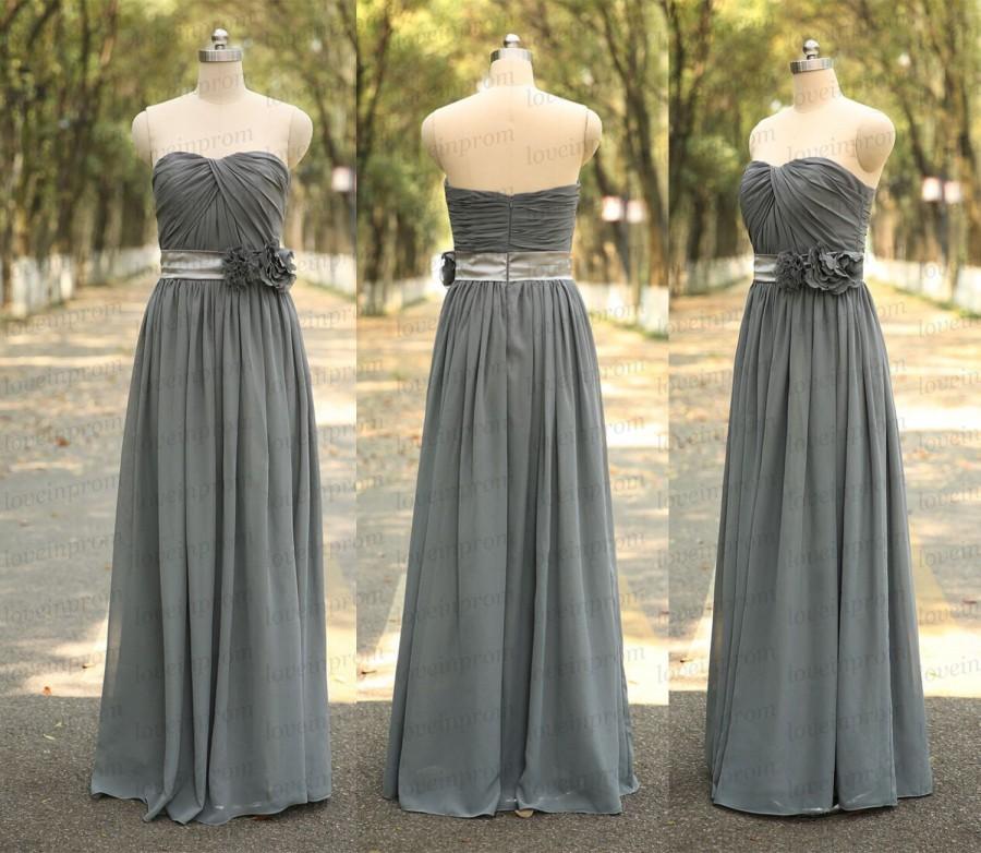 Hochzeit - Sweetheart Grey Long Bridesmaid Dress Handmade Pleat Flower Gray Prom Dress Long Grey Dresses For Wedding
