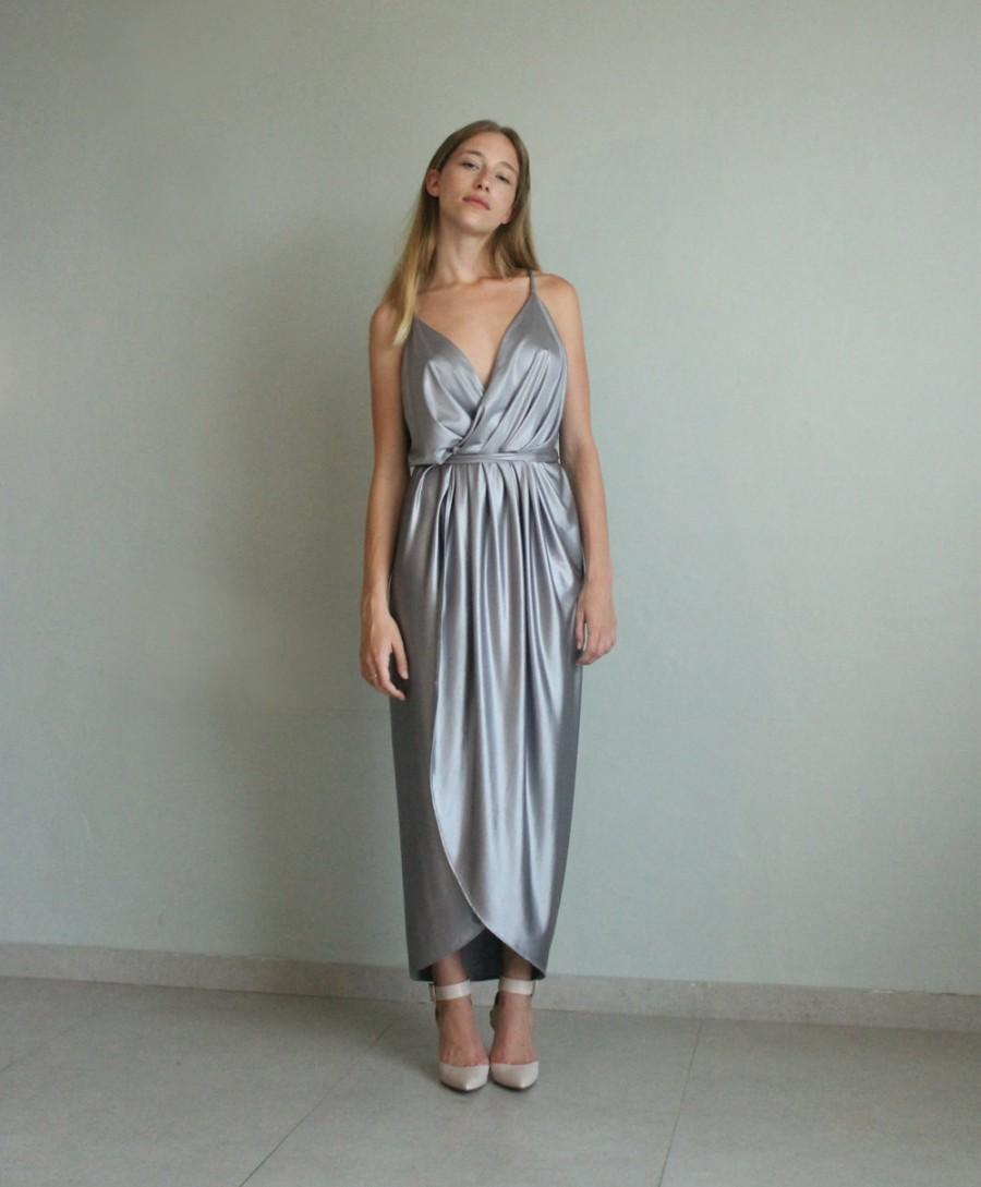 Mariage - Silver bridesmaid dress - wrap maxi silver dress - spaghetti maxi silver dress