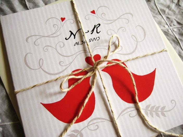 زفاف - Romantic Love Birds Wedding Invitation (Cardinal Red, Sepia, with Ivory Envelopes and Gold/Silver Baker's Twine) - Heath Collection Sample