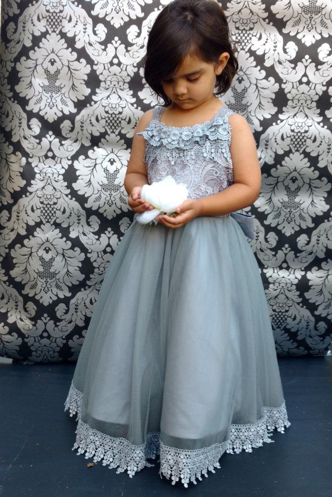 Mariage - Beautiful Grey Silver Elegant Girls Lace Flower Girl Dress Customized to suit your Colour Theme