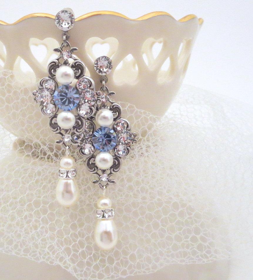 زفاف - Sapphire Blue Bridal earrings, Crystal Wedding earrings, Pearl Wedding jewelry, Light blue earrings, Vintage style earrings, ASHLYN