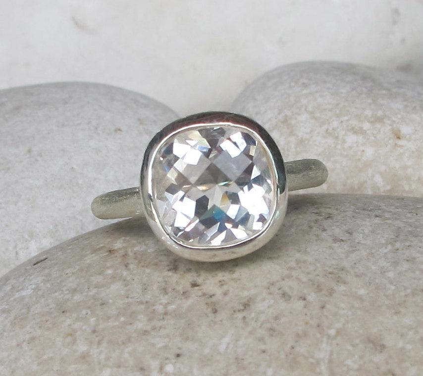 Hochzeit - Cushion Cut Engagement Ring- Alternative Engagement Ring- White Topaz Promise Ring- Simple Bridal Wedding Ring- April Birthstone Silver Ring