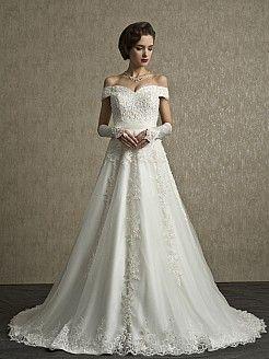 Hochzeit - Off The Shoulder A Line Appliqued Tulle Wedding Dress