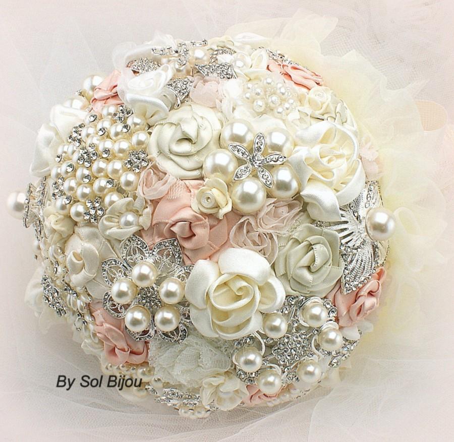 Hochzeit - Blush Brooch Bouquet, Cream, Ivory, Vintage Wedding, Gatsby, Elegant Wedding, Bridal Bouquqet, Jeweled, Pearls, Crystals, Lace Bouquet