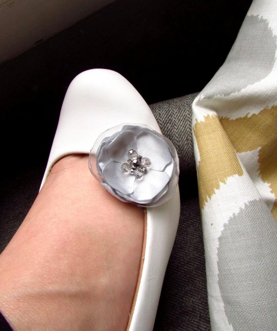 Wedding - Wedding Shoe Accessories, Platinum Silver Bridal Shoe Clip on Flowers for Shoes, Silk Satin Flower Shoe Clips, Light Gray Bridesmaid Shoe