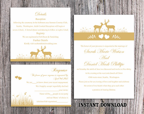 Mariage - DIY Wedding Invitation Template Set Editable Text Word File Download Printable Reindeer Invitation Gold Wedding Invitation Yellow Invitation