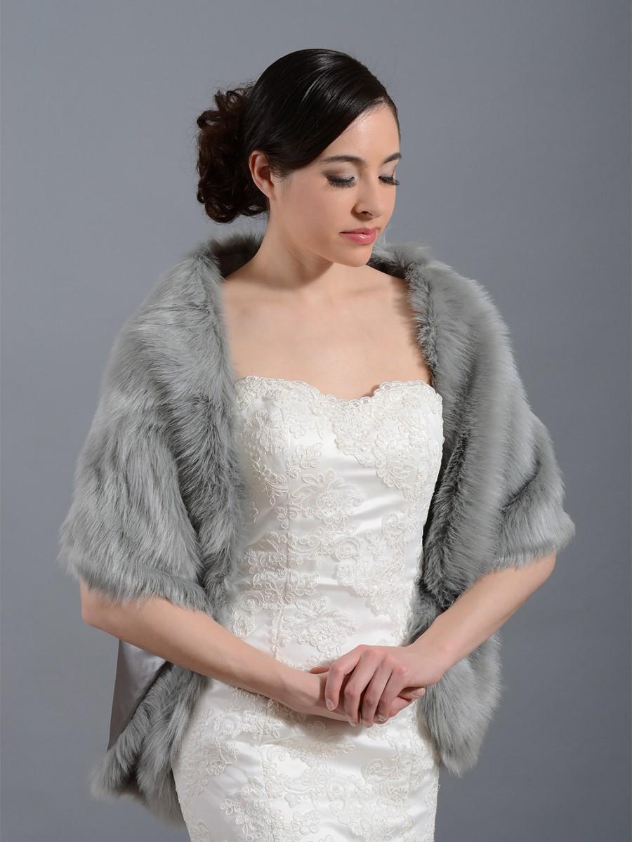 Hochzeit - Silver faux fur bridal wrap shrug stole shawl cape FW010-Silver