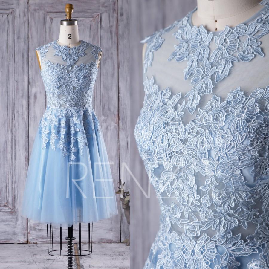 Hochzeit - 2016 Light Blue Mesh Bridesmaid Dress, Lace Illusion Wedding Dress, A Line Baby Blue Cocktail Dress, Short Prom Dress Knee Length (XS020)