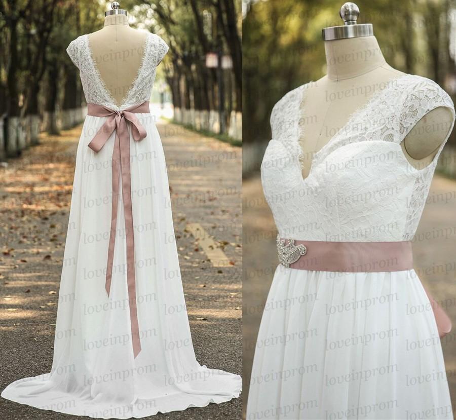 Свадьба - Elegant cap sleeve wedding dress,handmade chiffon wedding gowns,sexy v-neck white/ivory bridal dress
