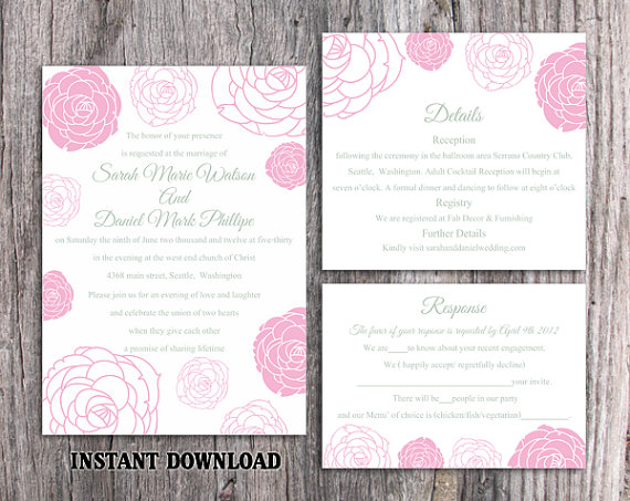 Wedding - DIY Wedding Invitation Template Set Editable Word File Instant Download Printable Flower Invitation Rose Wedding Invitation Pink Invitations