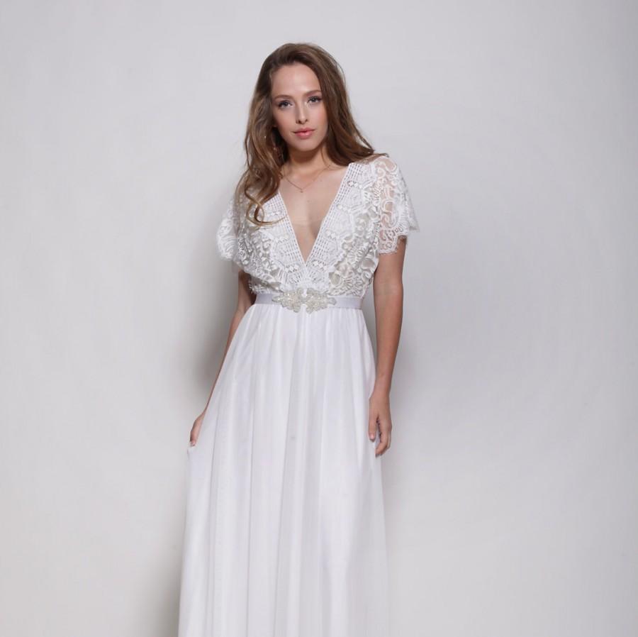 Wedding - Bohemian lace sleeves wedding dress,open back wedding dress