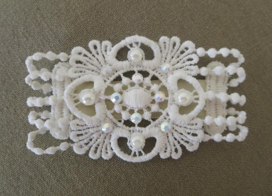 Свадьба - Lace bracelet with Acrylic Swarovski and pearls, Boho Bohemian vintage style wedding hair accessories.