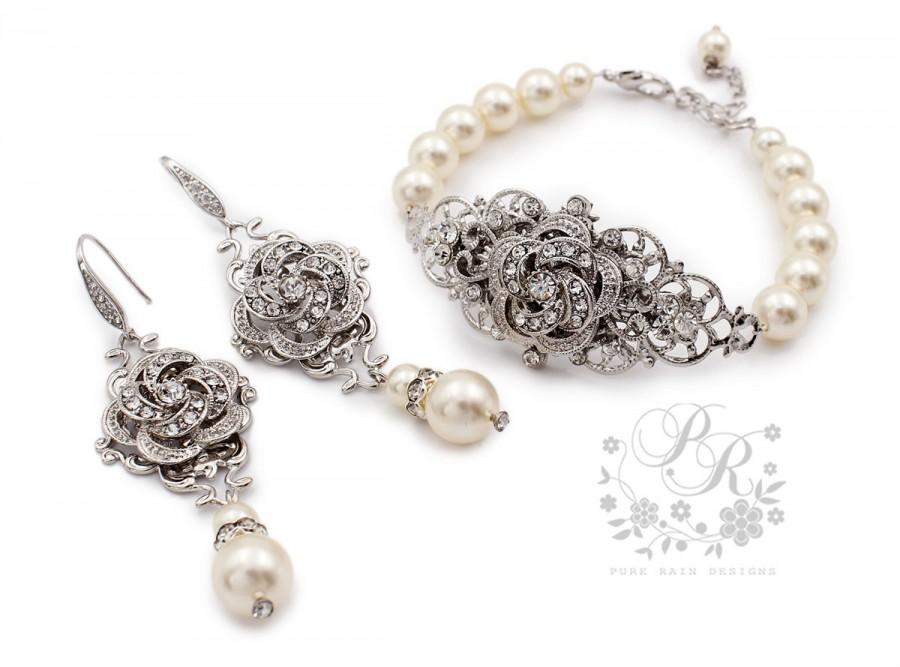 Hochzeit - Wedding Bracelet Earrings Swarovski Pearl Rhinestone Bracelet Earrings Bridal Jewelry Wedding Jewelry Wedding Accessory Camelia