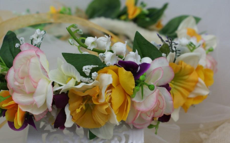 Mariage - Yellow Flower Crown Lily of the Valley Wedding Flower Headband Floral Crown Spring Flower Wedding Crown Bridal Flower girl Headpiece