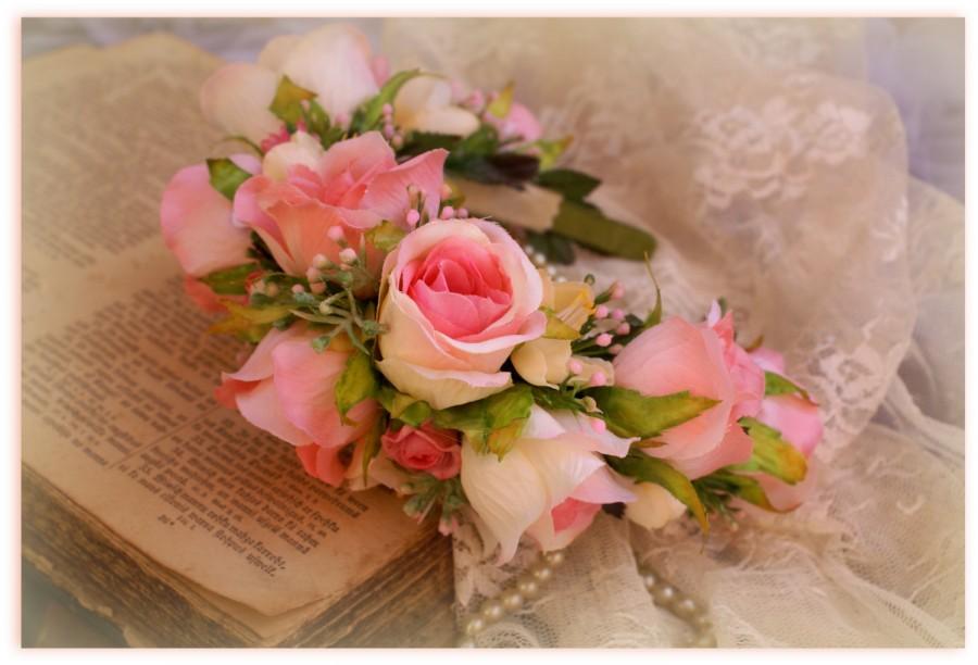 Hochzeit - Pink Roses Flower Crown Bridal Headband Wedding Flowers Crown Boho Pink Wedding Hair Accessories Floral Crown Headpiece Floral Head Wreath