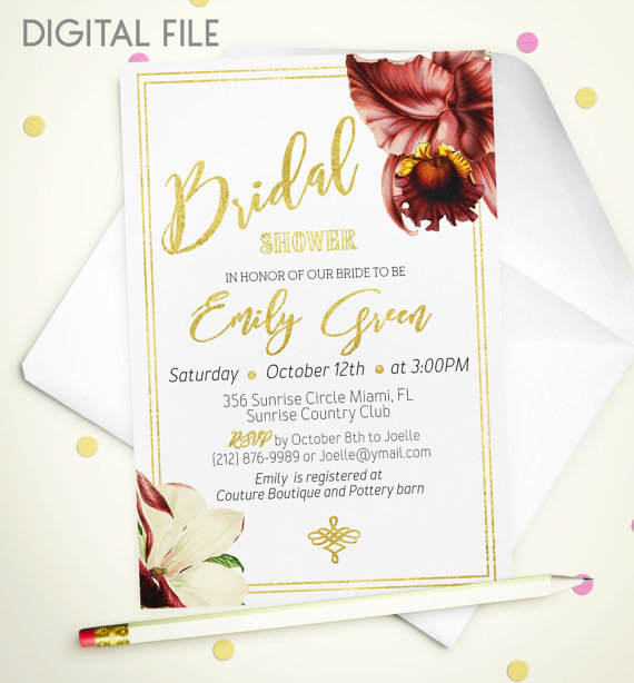 Mariage - Bridal Shower Invitation Marsala Printable invite Bridal Shower classic Gold Foil Shower Invitation Orchid Bridal Shower Invite idb42