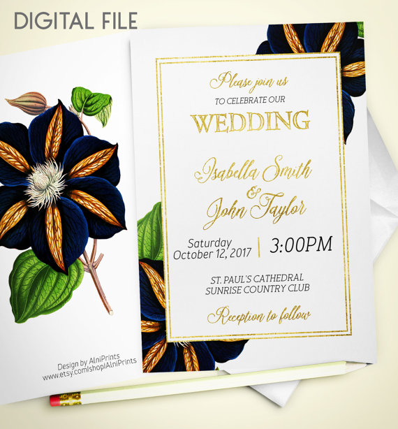 Свадьба - Wedding Invitation Printable Floral Wedding Invitation Foil winter invitation Gold Wedding Retro Navy Invite Fall Wedding Invitation idw5
