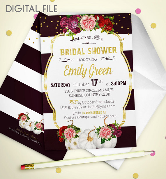 Hochzeit - Bridal Shower Invitation Fall Printable pumpkin Bridal Shower Burgundy Gold Shower Invitation Fall in love Wine Bridal Shower Invite idb40