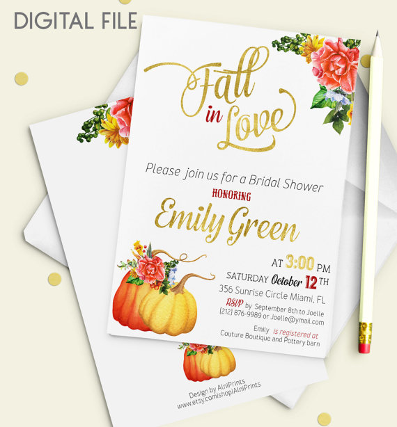 Mariage - Fall in love Bridal Shower Invitation Printable Fall Bridal Shower invite Pumpkin Gold Shower Invitation autumn Bridal Shower Invite idb37