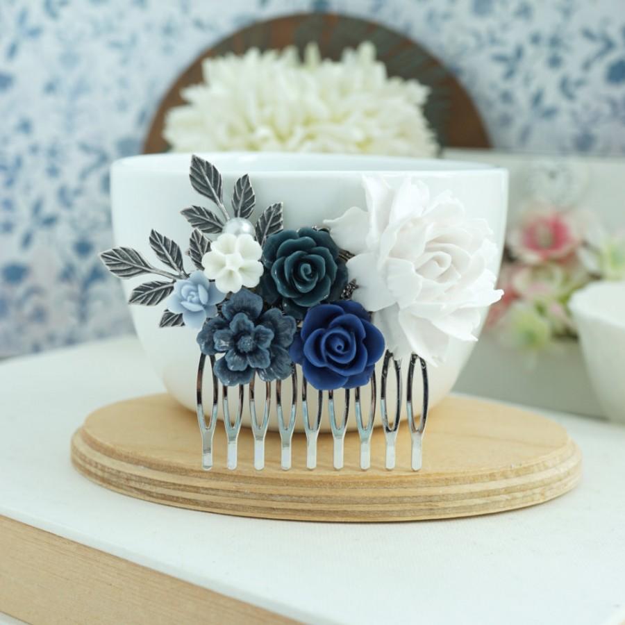 Mariage - Wedding Comb Navy Blue Pearl Leaf Comb Beige Cream Unique Flower Comb Vintage Rustic Blue Ivory Wedding Something Blue Comb Bridesmaids Gift