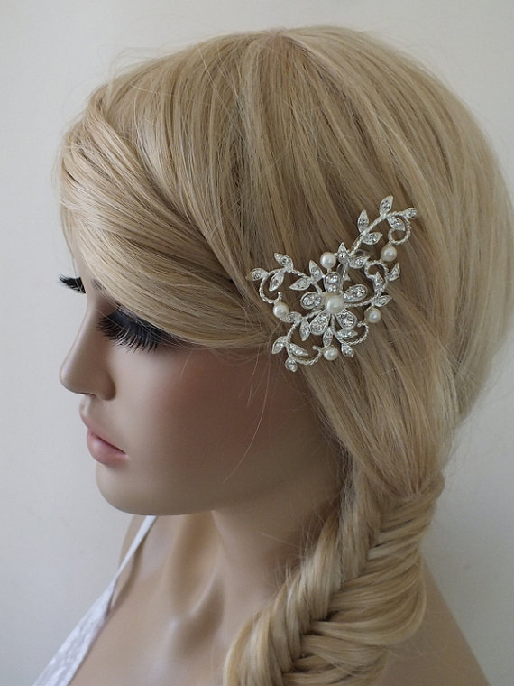 زفاف - free shipSilver Plated Off-White Ivory Pearl & Austrian Crystal Bridal Hair Comb Wedding Hair Piece Clip Tiara Slide Fascinator Brooch
