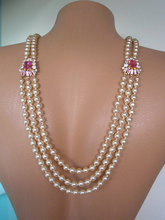 Wedding - Backdrop Necklace, Pink, Art Deco, Great Gatsby Jewelry, Downton Abbey, Pearl Necklace, Bridal Backdrop, Back Necklace, Pink Bridal Jewelry