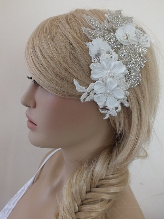 زفاف - Bridal lace floral headpiece ivory silver rhinestone lace Hairpiece Ivory Beaded lace floral wedding hair piece bride hair comb