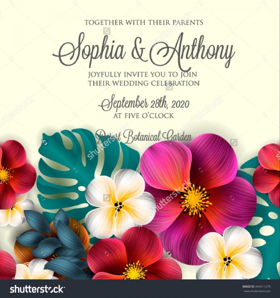 زفاف - Wedding invitation with hibiscus and lillyand magnolia flowers, palm leaf. Wedding card or invitation with abstract floral background.