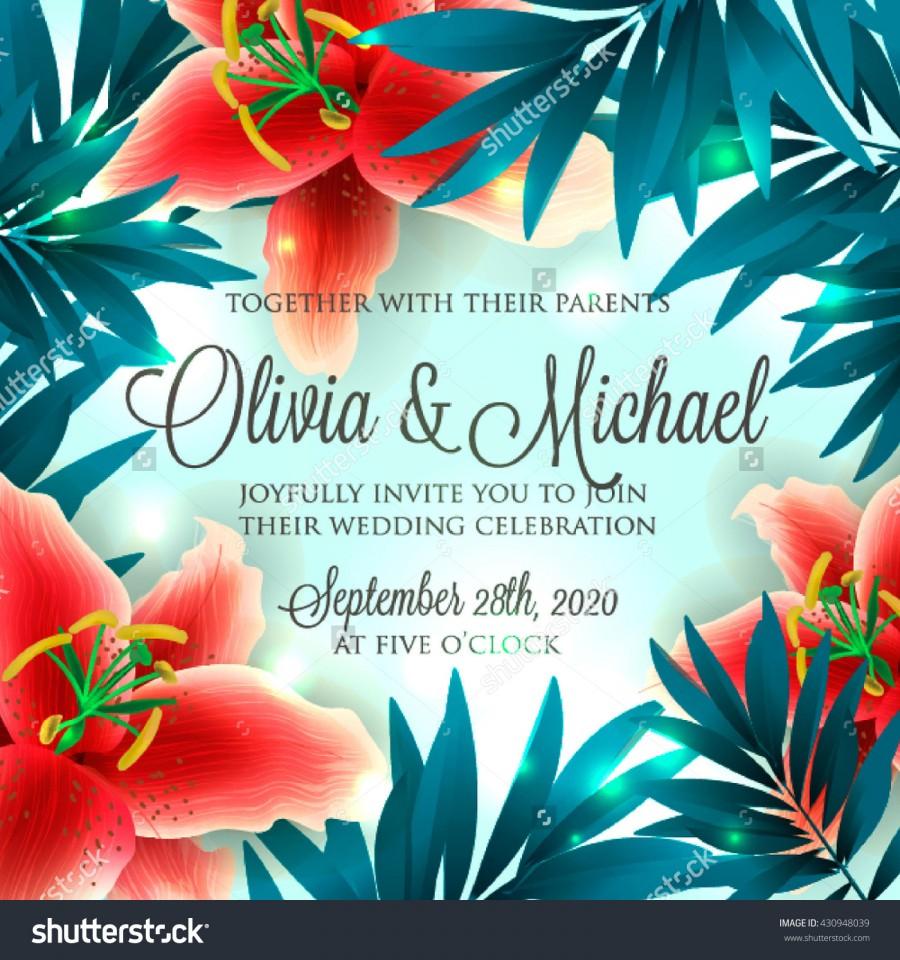 Wedding - Aloha Hawaii. Hand lettering with hibiscus red lily, orchid, plumeria flowers, palm leaf. Vector illustration