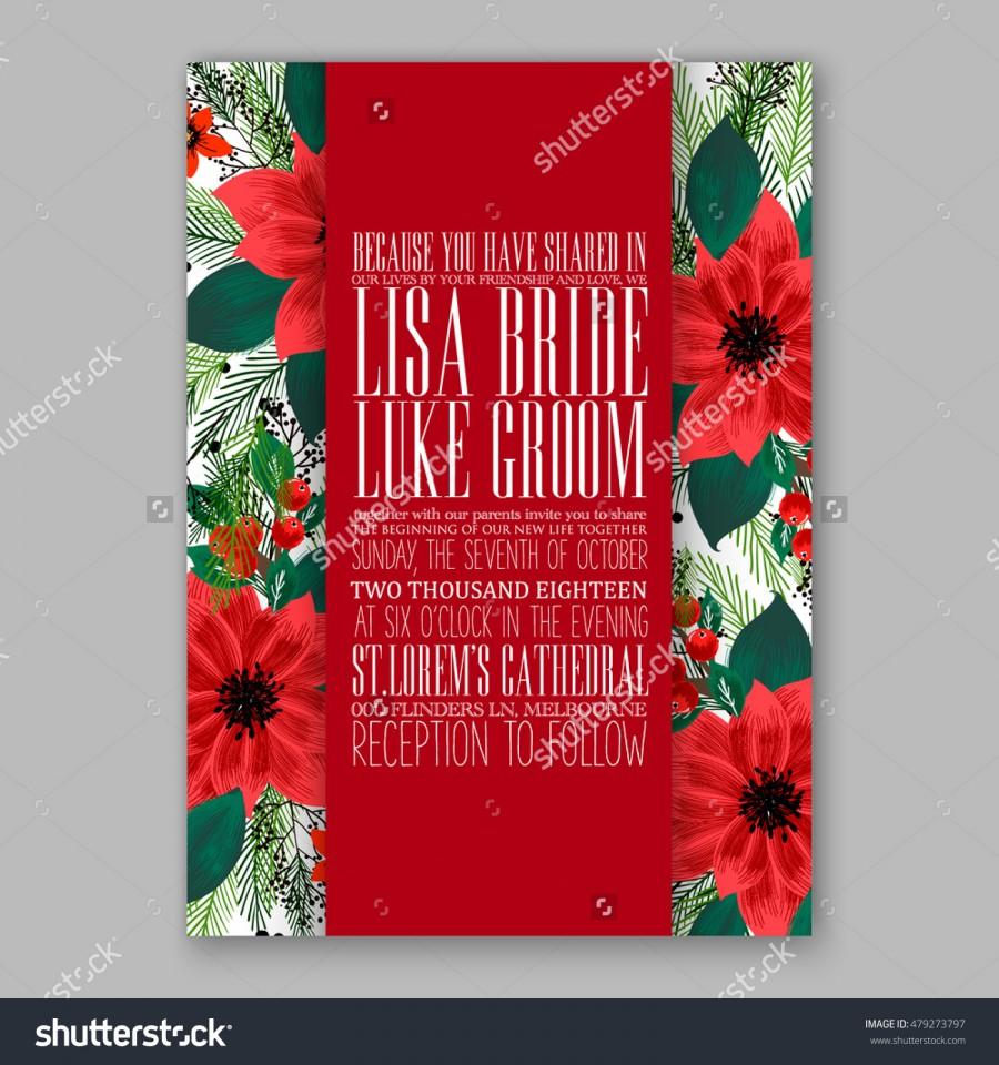 Hochzeit - Poinsettia Wedding Invitation sample card beautiful winter floral ornament Christmas Party wreath poinsettia, pine branch fir tree, needle, flower bouquet Bridal shower ribbon template wording