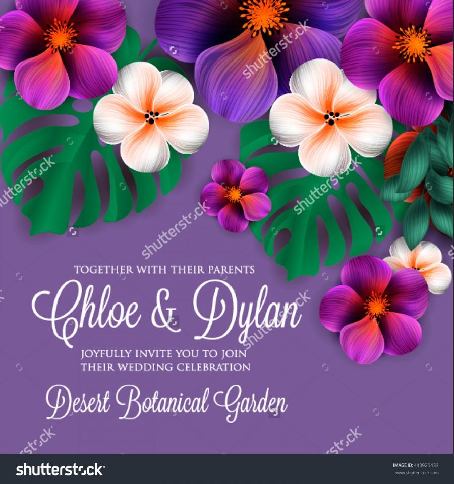زفاف - Wedding invitation with hibiscus and lilly and magnolia flowers, palm leaf. Wedding card or invitation with abstract floral background.