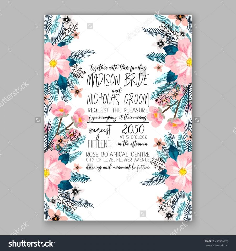 زفاف - Romantic pink peony bouquet bride wedding invitation template design. Winter Christmas wreath of pink flowers and pine and fir branches.