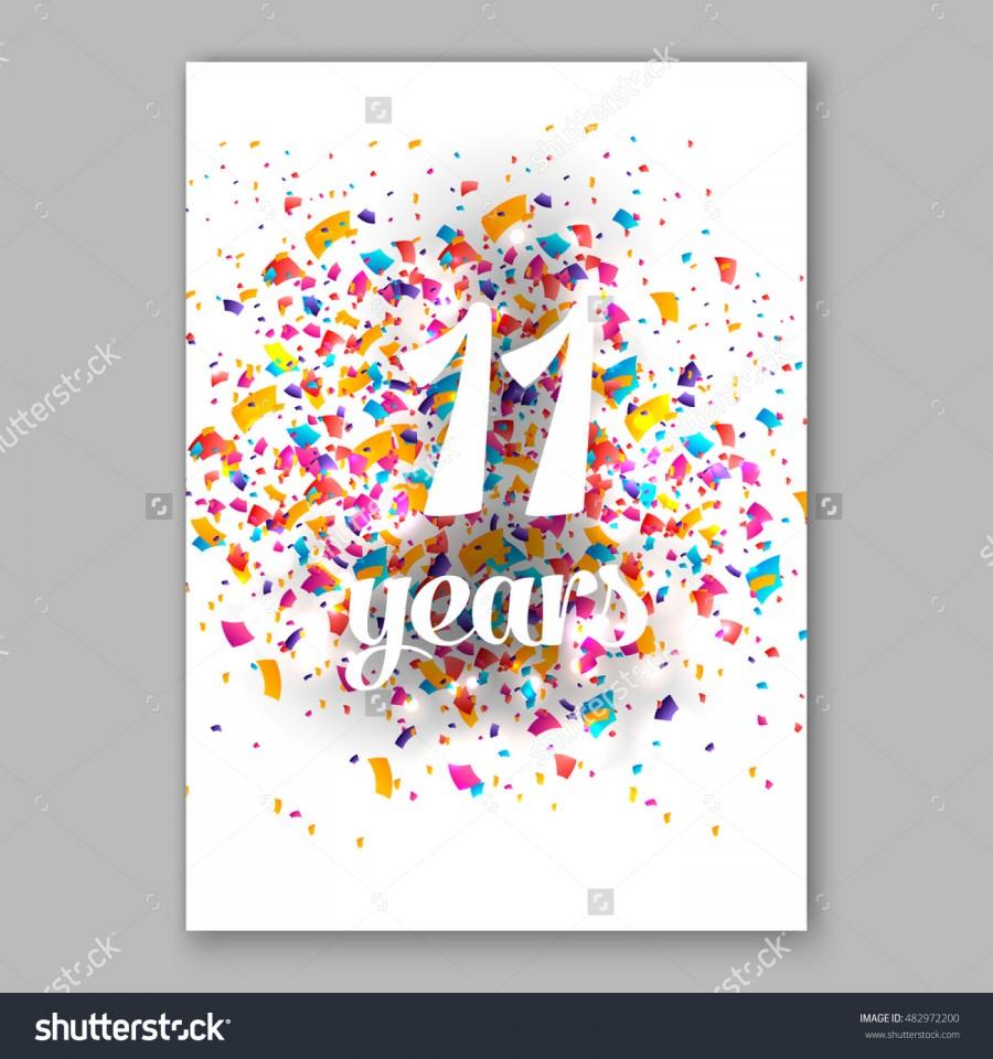 Wedding - Eleven years paper sign over confetti. Vector holiday illustration.