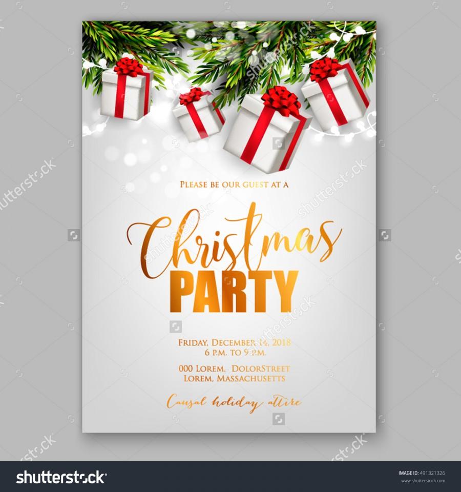 Mariage - Merry Christmas party invitation and Happy New Year Party Invitation Card Christmas Party poster Holiday design template Christmas decoration fir tree, Pine Branches snowflake, gift box, lights, balls