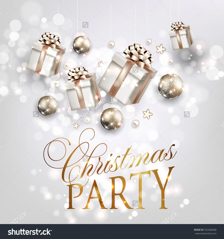 Wedding - Christmas party invitation with fir branch, Bow, gift box and Stars. Merry Christmas and Happy New Year Card Xmas Decorations. Blur Snowflakes. Vector.