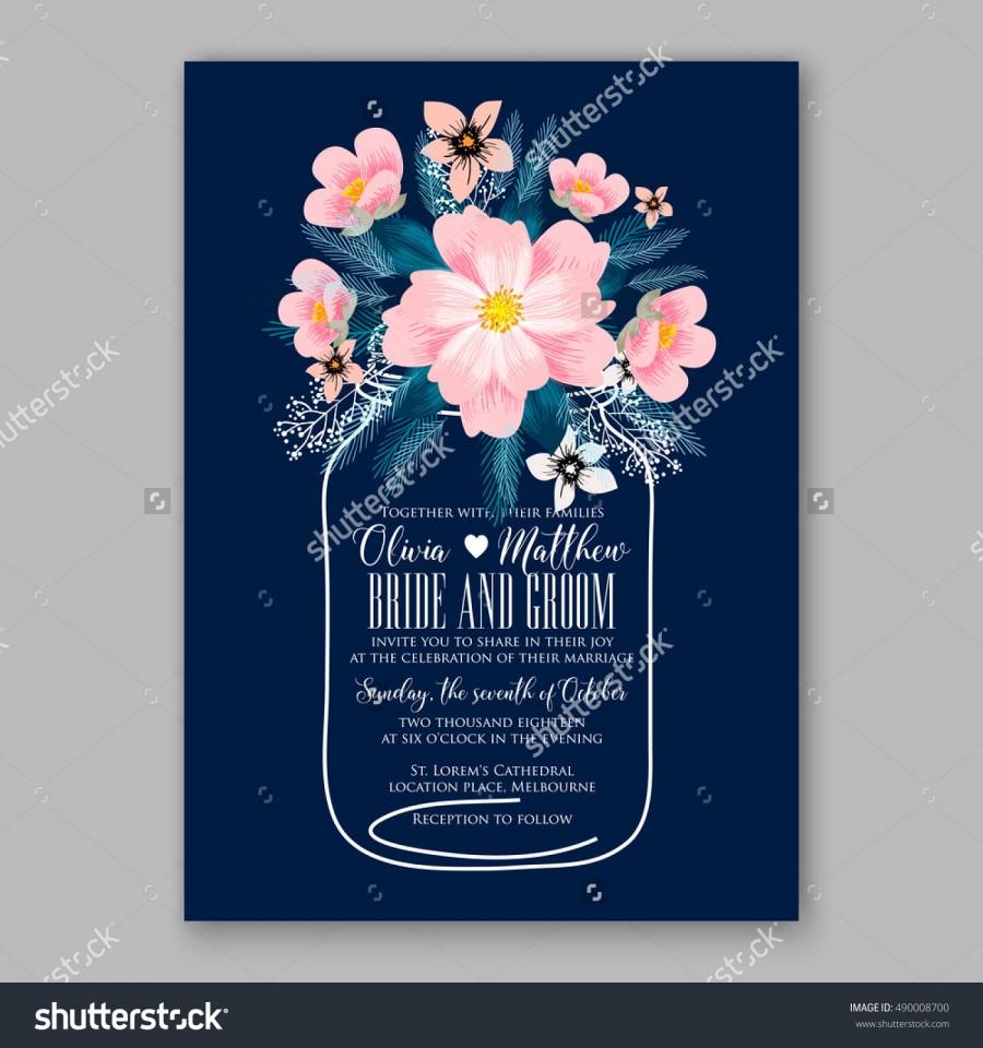 زفاف - Romantic pink peony bouquet bride wedding invitation template design. Winter Christmas wreath of pink flowers and pine and fir branches. Ribbon mason jar