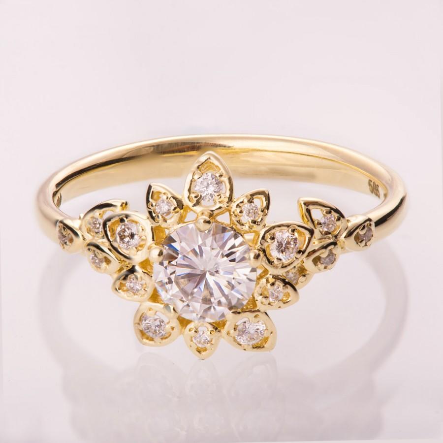 زفاف - Forever One, Moissanite Art Deco Petal Engagement Ring No.2B - 14K Gold and Moissanite engagement ring, leaf ring, flower, forever brilliant