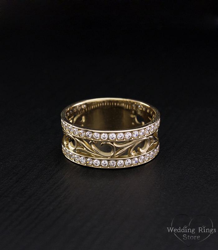 Wedding - Vintage style engagement ring, Leaves wedding band, Unique wedding ring, Nature gold band, Wide gold ring, Anniversary ring. 14K Solid Gold
