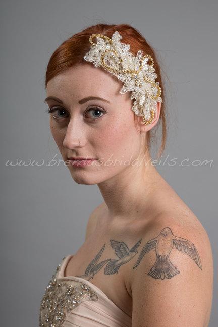 زفاف - Ivory and Gold Lace Bridal Head Piece, Pearl and Lace Wedding Hair Comb, Birdcage Fascinator - Amaya