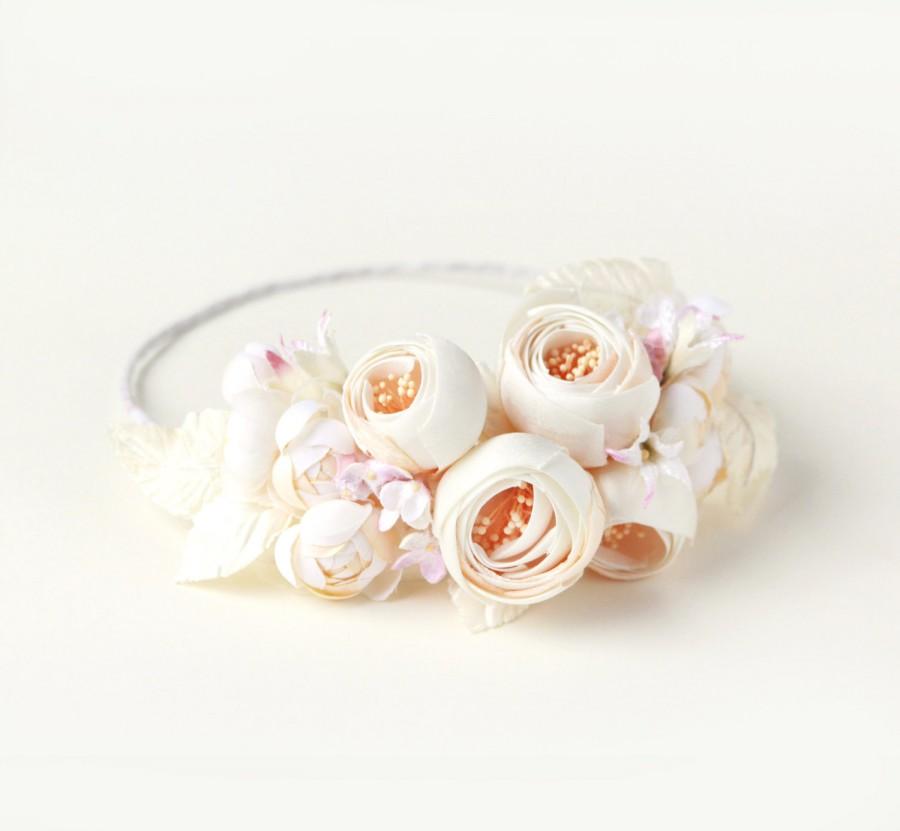 Hochzeit - Ivory flower crown, bridal hair wreath, Off white bridal crown, Floral circlet, Whimsical wedding accessory, Ivory rose crown, pink flowers